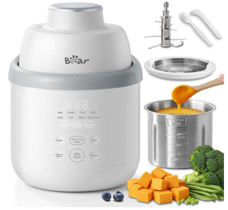 Bear Máquina de Alimentos para Bebés de Acero Inoxidable, Textura NutriEase de 3 Etapas, Autolimpieza y Apta para Lavavajillas