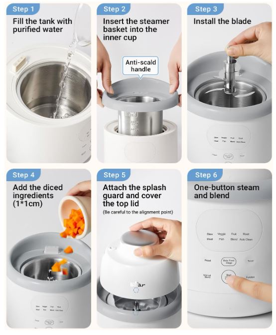 Bear Máquina de Alimentos para Bebés de Acero Inoxidable, Textura NutriEase de 3 Etapas, Autolimpieza y Apta para Lavavajillas