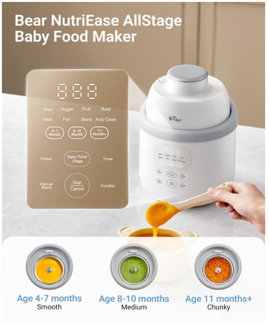 Bear Máquina de Alimentos para Bebés de Acero Inoxidable, Textura NutriEase de 3 Etapas, Autolimpieza y Apta para Lavavajillas