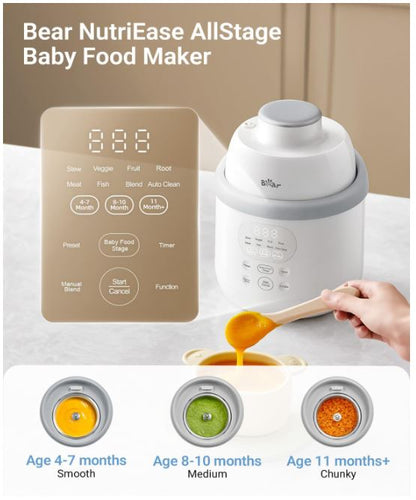 Bear Máquina de Alimentos para Bebés de Acero Inoxidable, Textura NutriEase de 3 Etapas, Autolimpieza y Apta para Lavavajillas