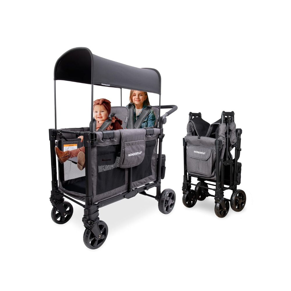 WONDERFOLD W2 Elite Pro Cochecito (2 plazas) – Cochecito plegable con asientos con arneses de 5 puntos, mango de empuje ajustable y toldo ajustable para el sol