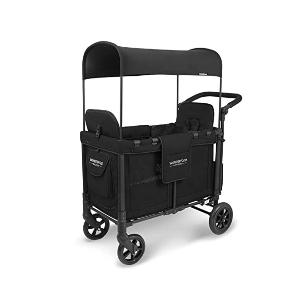 WONDERFOLD W2 Original - Coche multifuncional para 2 pasajeros, plegable, con toldo deslizante y asientos elevados desmontables con reposapiés