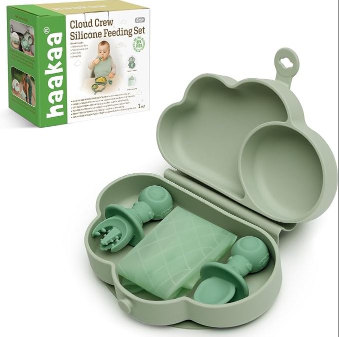 Haakaa - Juego de Alimentación de Viaje de Silicona para Bebés (Babero, Cuchara, Tenedor y Bolsa Impermeable)