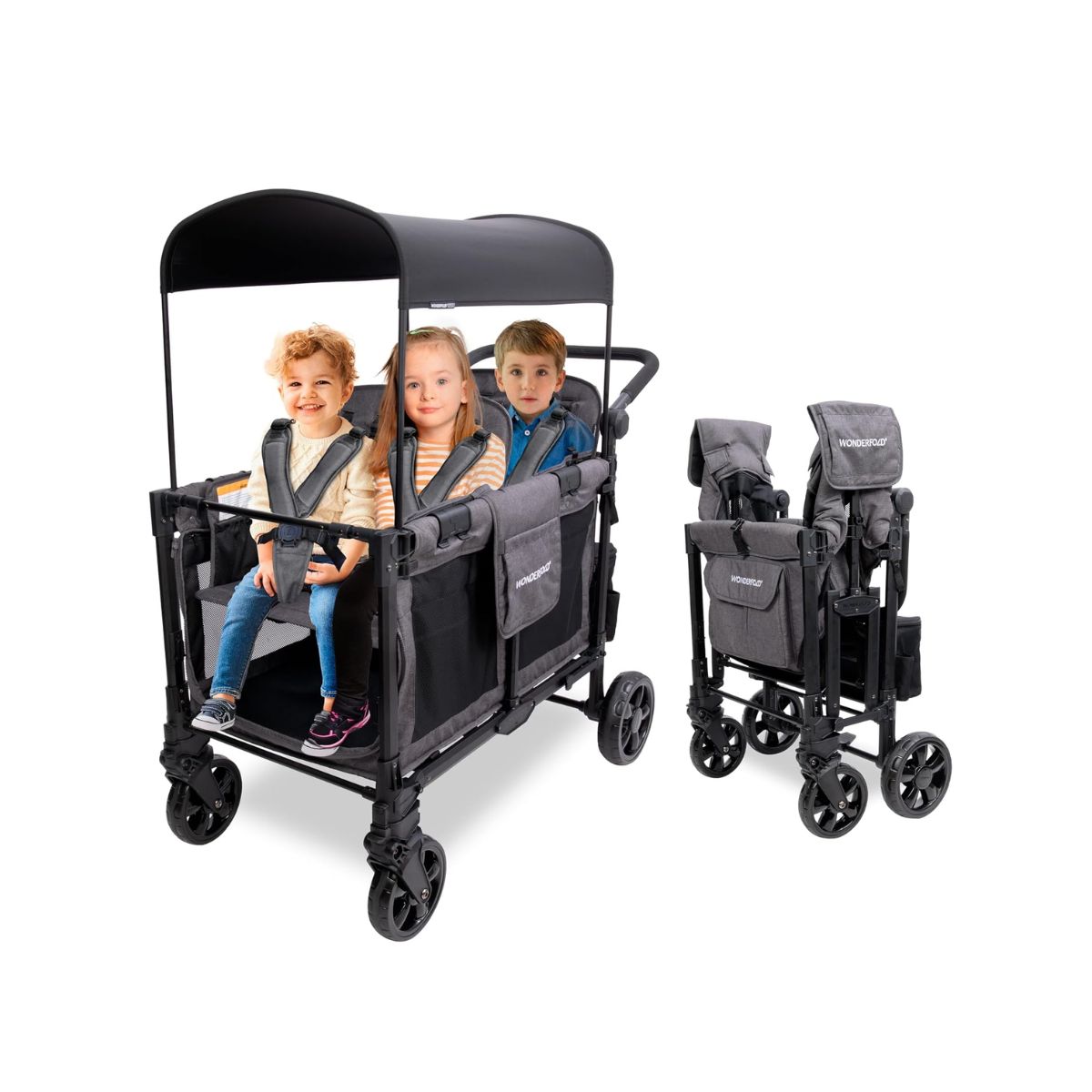 WonderFold W4 Elite Pro – Cochecito Wagon para 4 Plazas, Marco de Aluminio, Toldo UV y Arnés de 5 Puntos