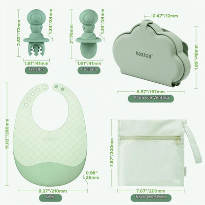 Haakaa - Juego de Alimentación de Viaje de Silicona para Bebés (Babero, Cuchara, Tenedor y Bolsa Impermeable)