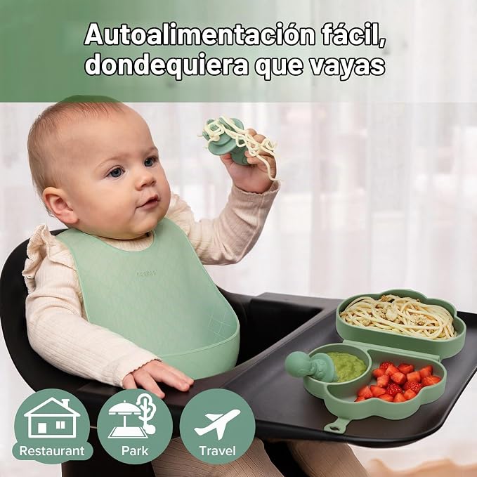 Haakaa - Juego de Alimentación de Viaje de Silicona para Bebés (Babero, Cuchara, Tenedor y Bolsa Impermeable)